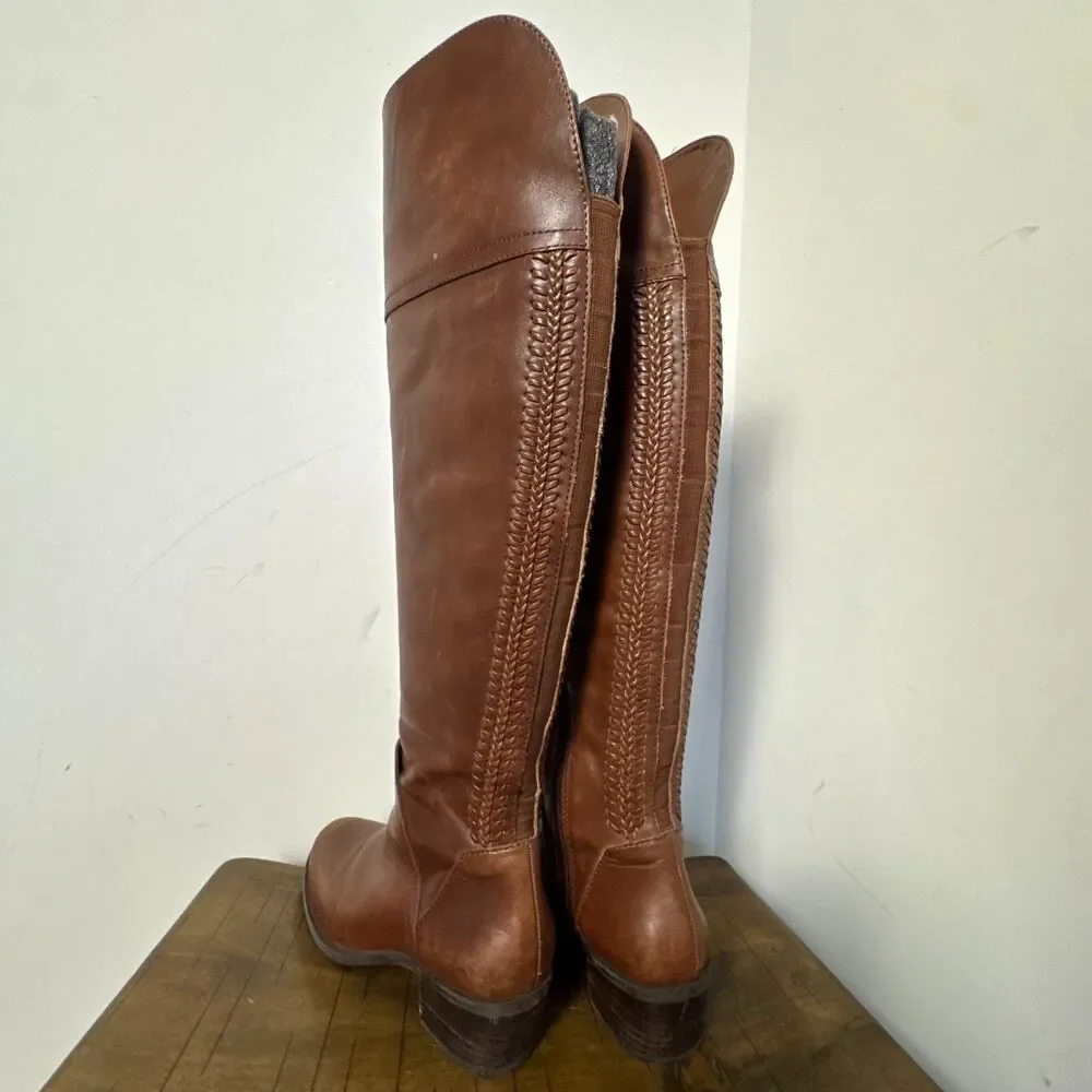 Vince Camuto Brown Leather Tall Riding Boots Braided Womens 7.5 Classic